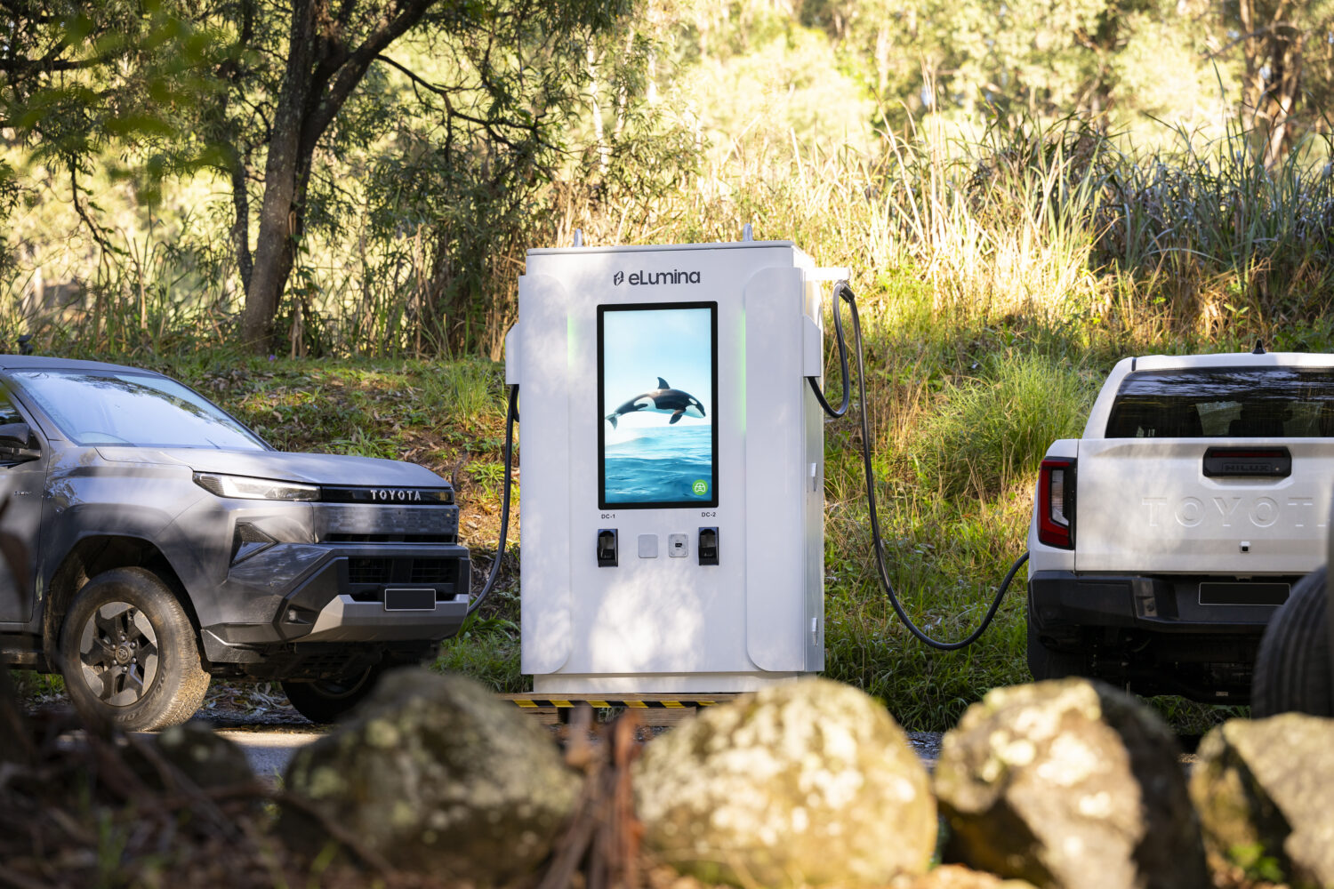 two EV cars charging